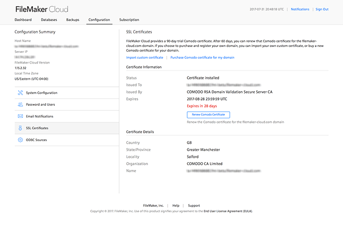 SSL certificates page