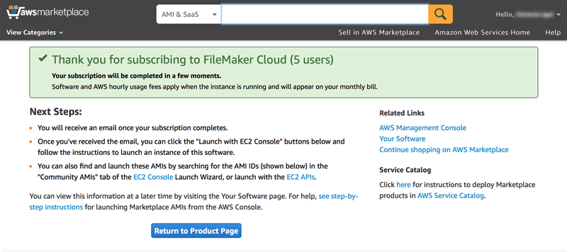AWS Marketplace - Seite „Next Steps“ (Nächste Schritte)