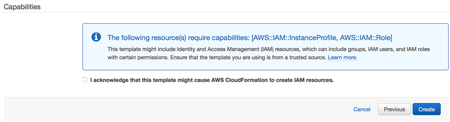 AWS Marketplace - Seite „Review Capabilities“ (Funktionen prüfen)