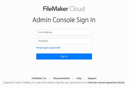 FileMaker Cloud - Admin Console-Seite „Anmelden“