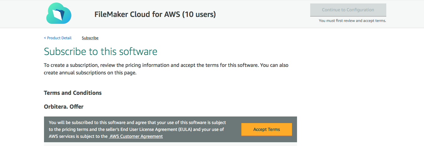 AWS Marketplace - Seite „Accept Terms“ (Bedingungen akzeptieren)