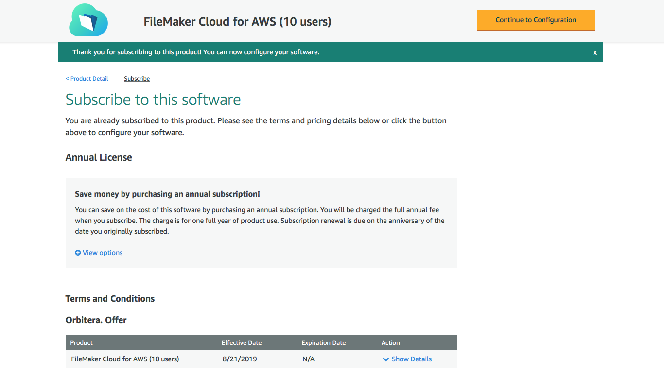 AWS Marketplace - Subscription confirmation