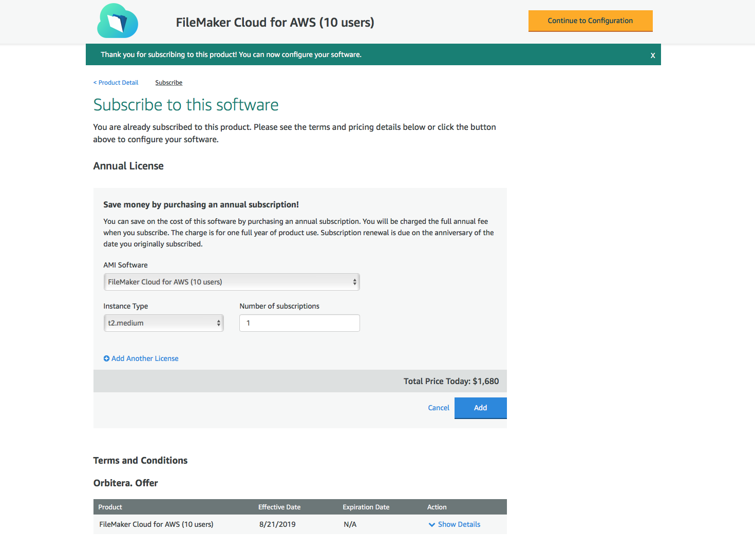 AWS Marketplace - 年間サブスクリプションの追加