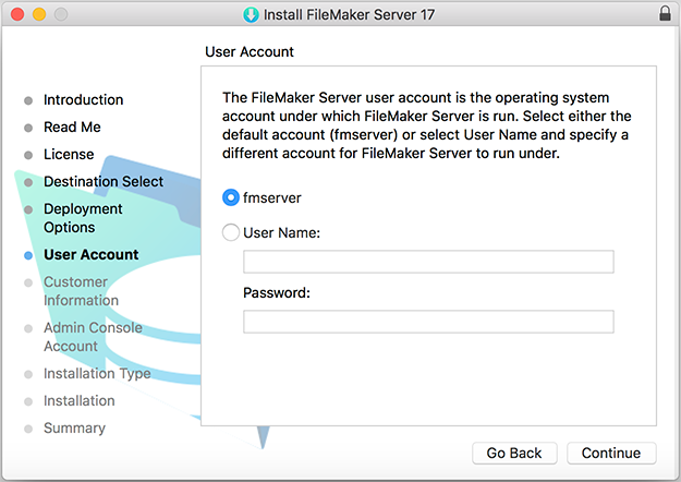 Installer page to select the operating system account under which FileMaker Server is run