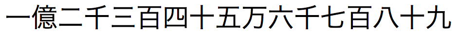 Texto japonês para o número arábico 123456789 usando um separador de número kanji entre as casas dos dez, cem, milhares, dez milhares e milhões