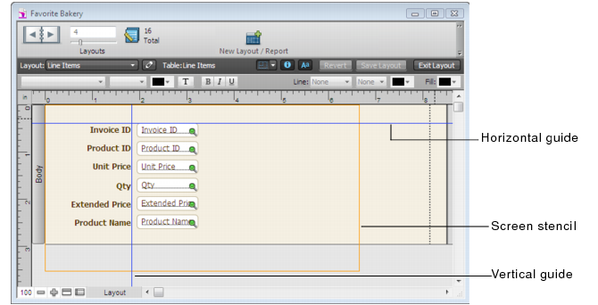 Layout with horizontal and vertical guides and screen stencil displayed