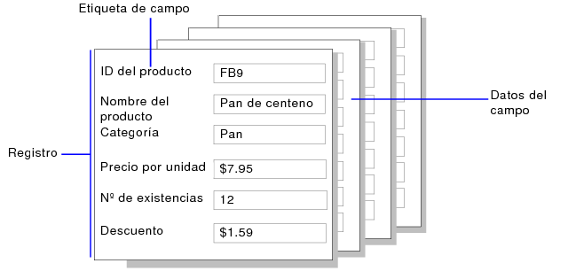 Ejemplo de registros, datos de campos y etiquetas de campos