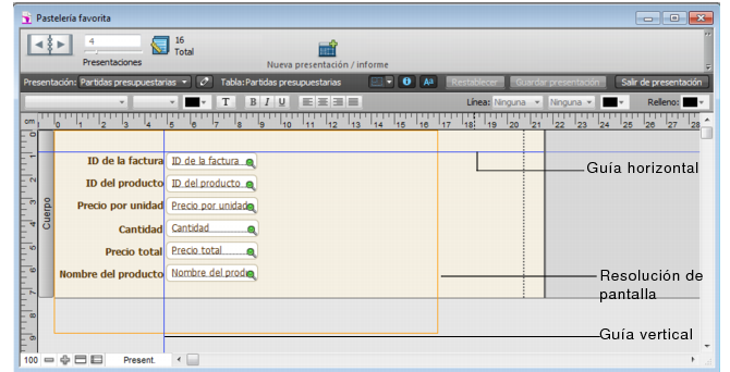 Presentación en la que se muestran las guías vertical y horizontal, y la resolución de pantalla