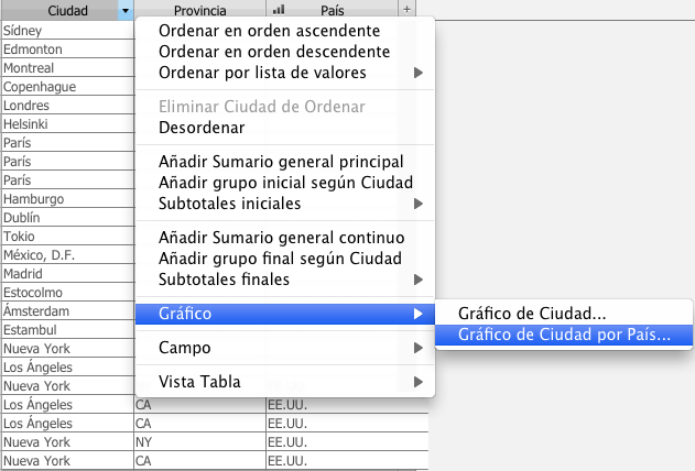 Menú contextual de la vista Tabla con las opciones de gráficos mostradas