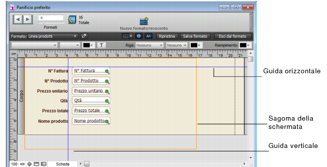 Formato con guide orizzontali e verticali e con sagoma della schermata visualizzata