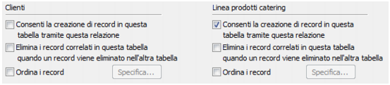 Sezione della finestra di dialogo Modifica relazione che mostra Consenti la creazione di record in questa tabella attraverso l’opzione della relazione selezionata