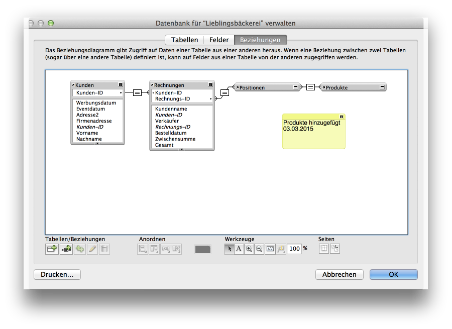 Beziehungsdiagramm mit Bezugstabellen und einem Texthinweis