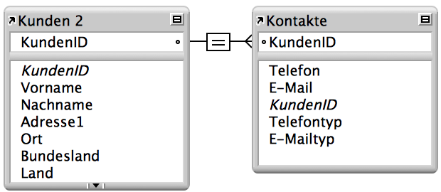 Eine Beziehung mit einem Kriterium zwischen der Tabelle "Kunden" und der Tabelle "Kontakte"