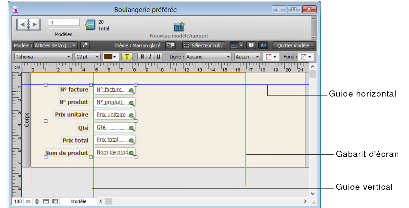 Modèle avec guides horizontaux et verticaux et gabarit d'écran affiché