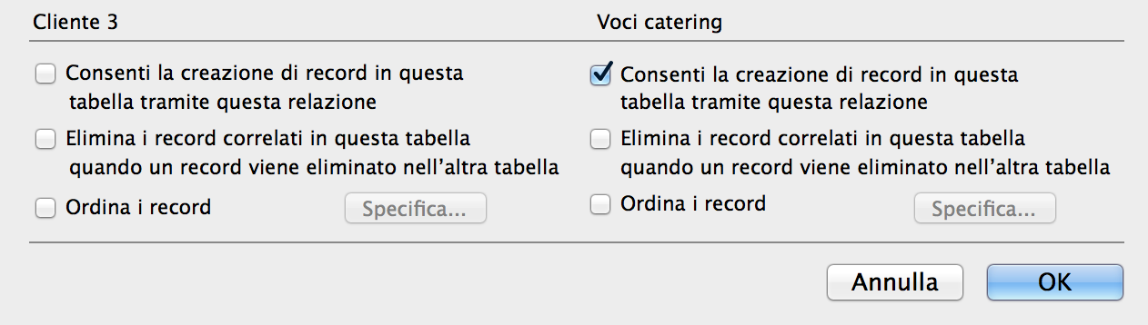 Sezione della finestra di dialogo Modifica relazione che mostra Consenti la creazione di record in questa tabella attraverso l'opzione della relazione selezionata