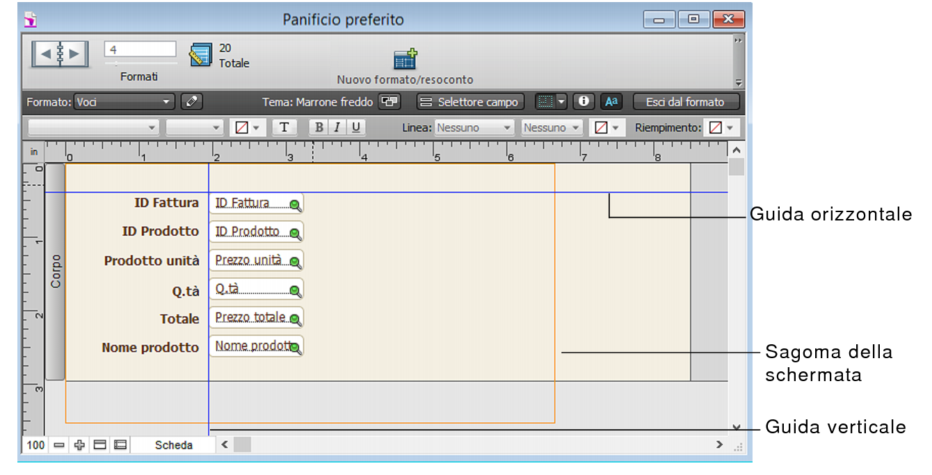 Formato con guide orizzontali e verticali e con sagoma della schermata visualizzata