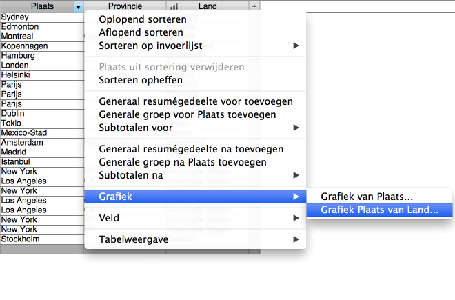 Contextafhankelijk menu in de tabelweergave, met weergegeven grafiekmogelijkheden