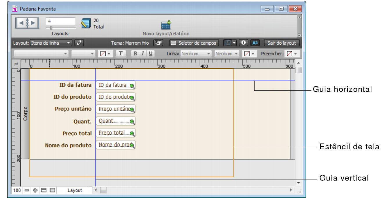 Layout com guias horizontal e vertical e estêncil de tela exibidos