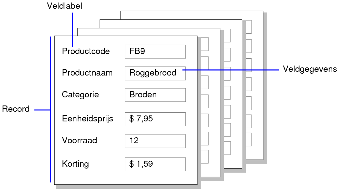 Voorbeeld van records, veldgegevens en veldlabels