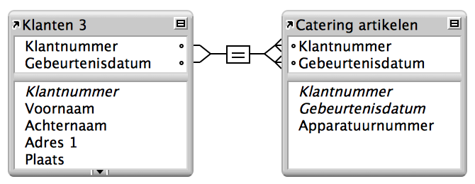 Een meerzijdige relatie tussen een tabel Klanten en een tabel Catering lijn items