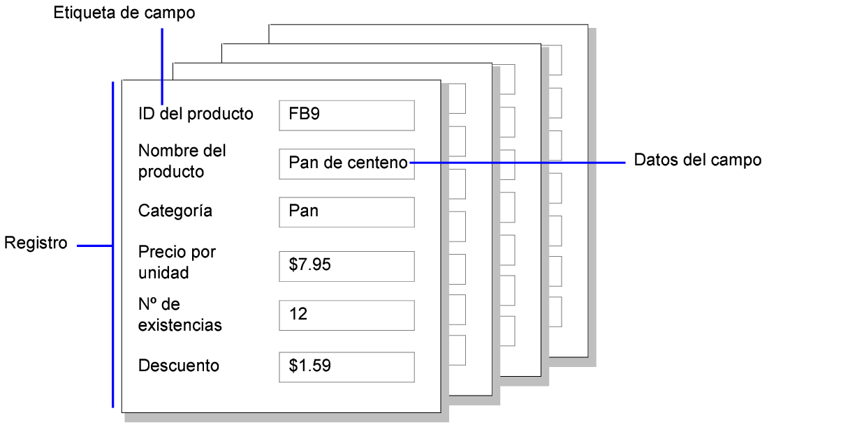 Ejemplo de registros, datos de campos y etiquetas de campos