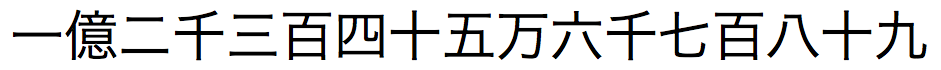 Texto japonês para o número arábico "123456789", usando um separador de número Kanji entre as casas dos dez, cem, milhares, dez milhares e milhões