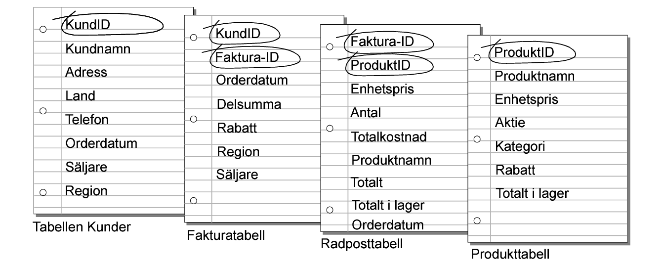 Matcha fält i tabeller för kunder, fakturor, radposter och produkter