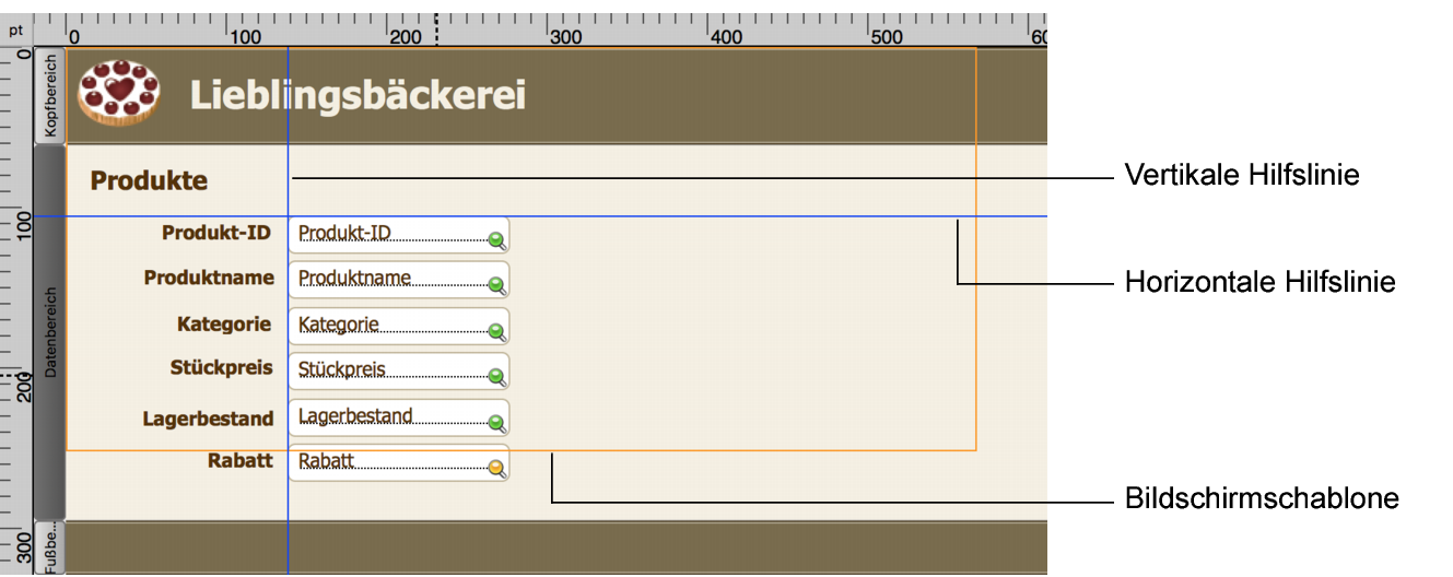 Layout mit horizontalen und vertikalen Hilfslinien und Bildschirmschablone