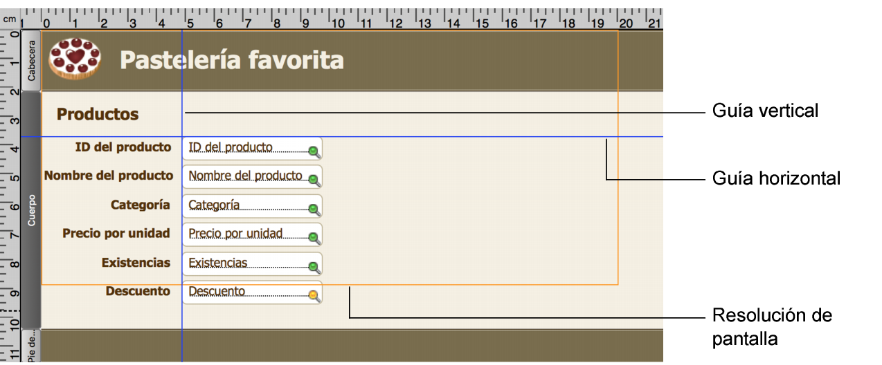 Presentación en la que se muestran las guías vertical y horizontal, y la resolución de pantalla