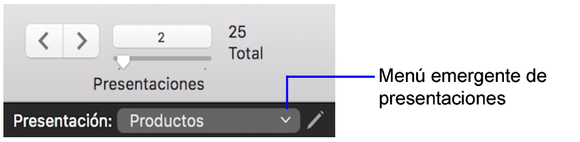 Menú emergente de presentaciones