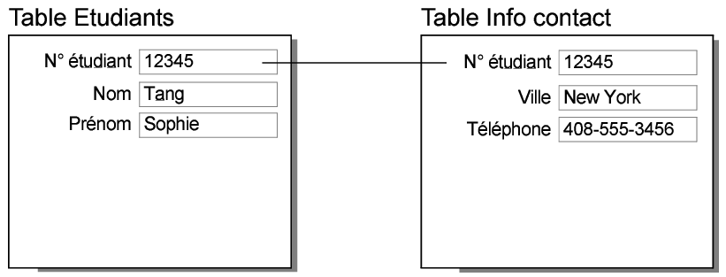 Enregistrements des tables Etudiants et Contacts montrant un résultat de type lien un à un