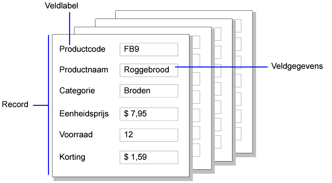 Voorbeeld van records, veldgegevens en veldlabels