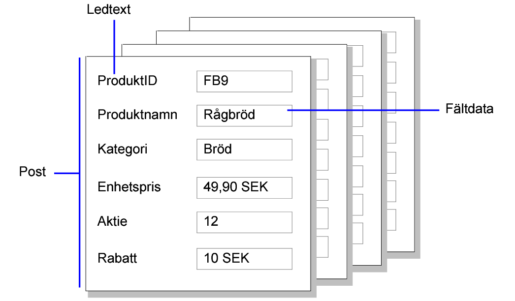 Exempel på poster, fältdata och ledtexter