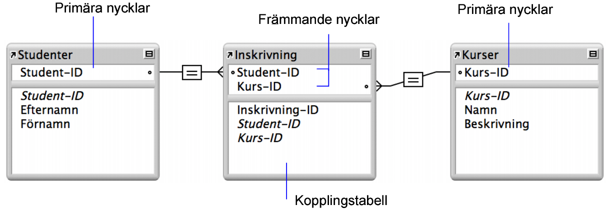 Tabellen Studenter och tabellen Klasser som vardera har en relationslinje till kopplingstabellen Registreringar