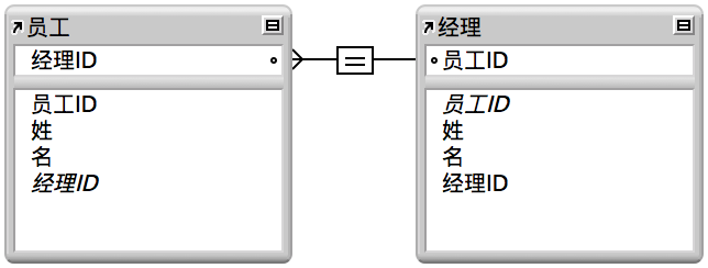 同一表的两次出现，字段之间有一条表示自联接的连线