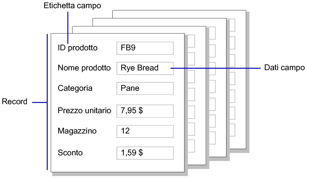 Esempio di record, dati dei campi ed etichette dei campi