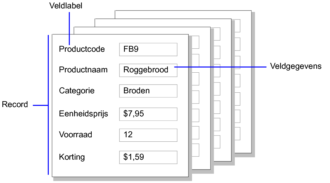 Voorbeeld van records, veldgegevens en veldlabels