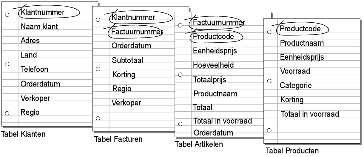 Omcirkelde sleutelvelden in elke tabel