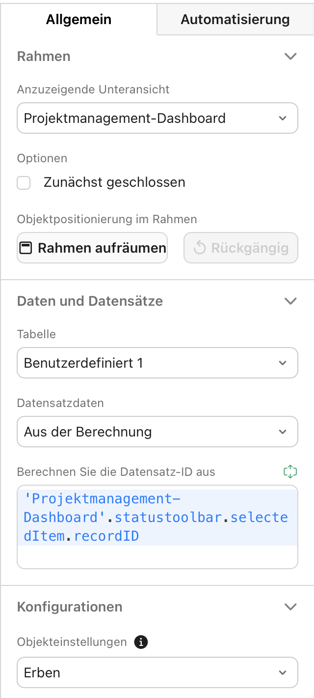 Rahmen, Bereich „Eigenschaften“, Allgemein