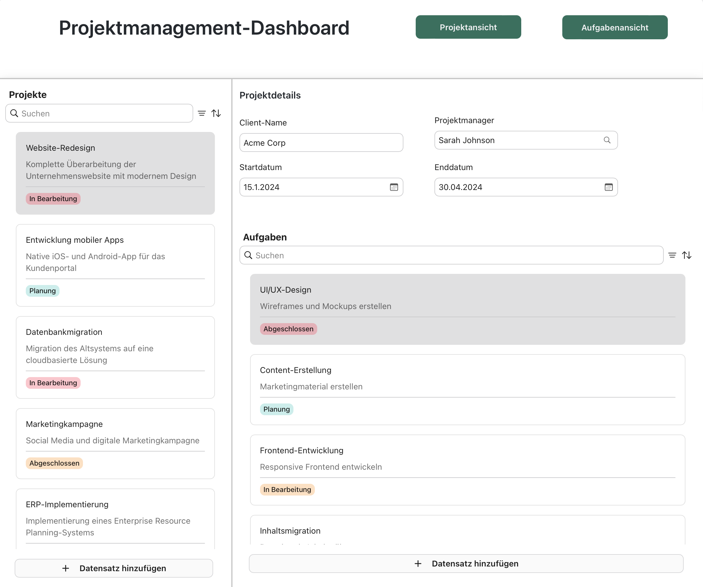 Rahmenbeispiel, Projektmanagement-Dashboard, Projektansicht