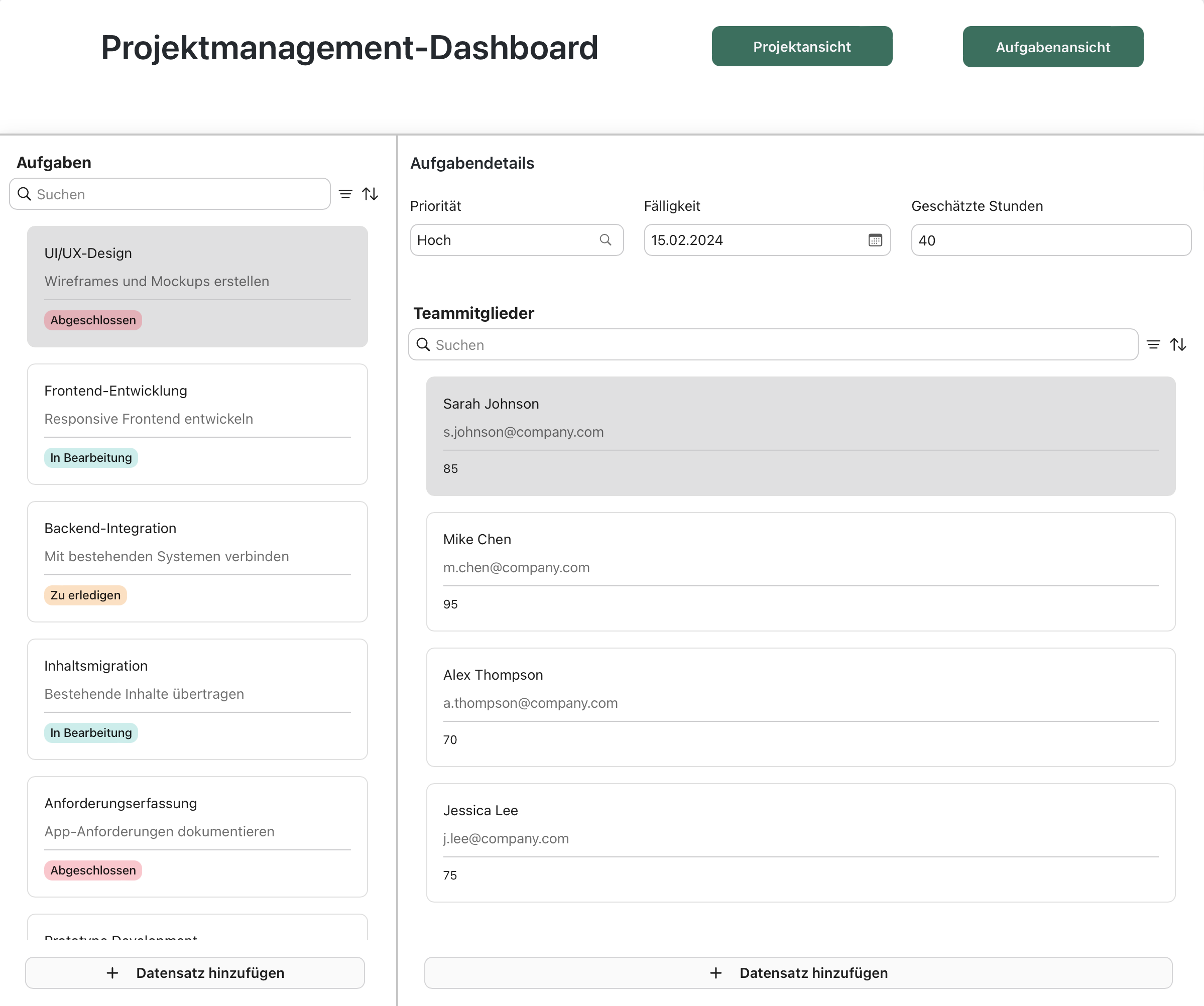 Rahmenbeispiel, Projektmanagement-Dashboard, Aufgabenansicht