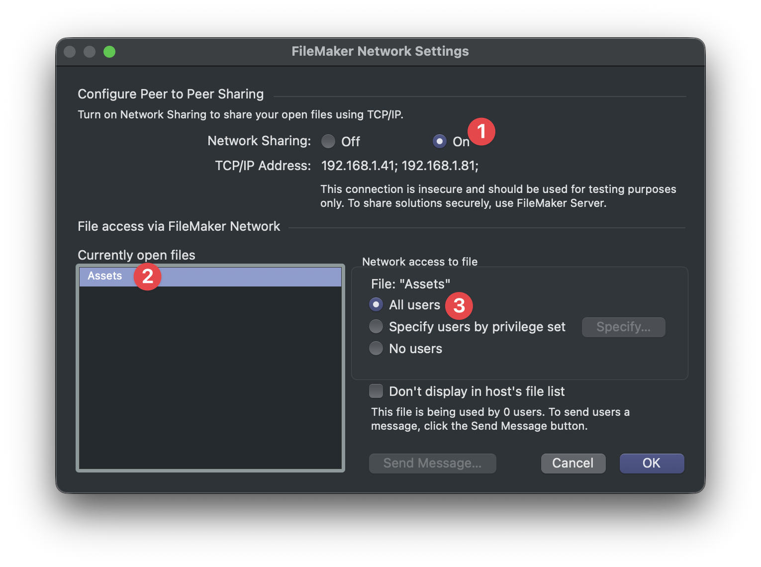 The FileMaker Network Settings dialog with Network Sharing turned on, the file selected under Currently open files, and network access set to All users.