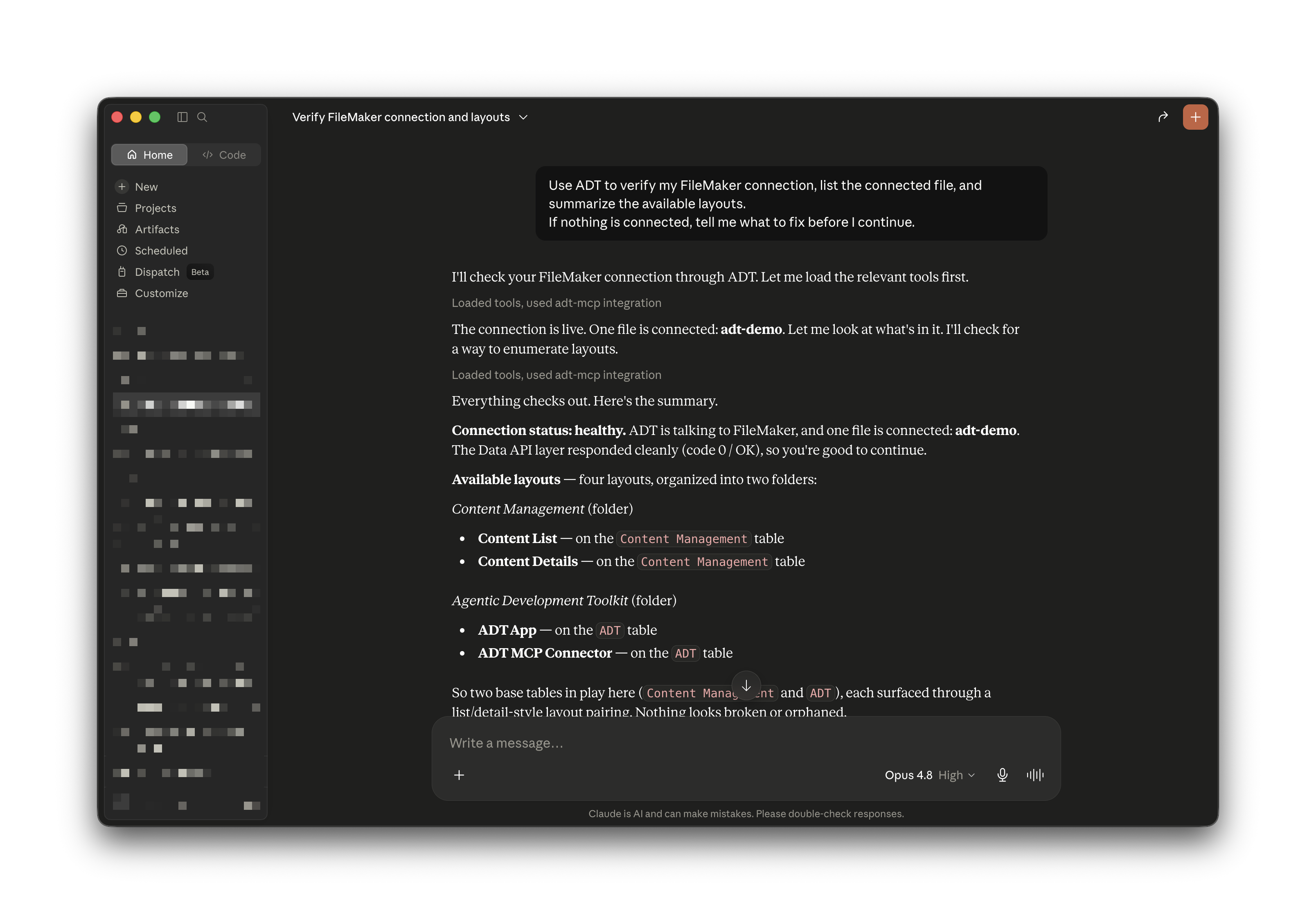 Claude Desktop confirming a healthy ADT connection to FileMaker and listing the available layouts.