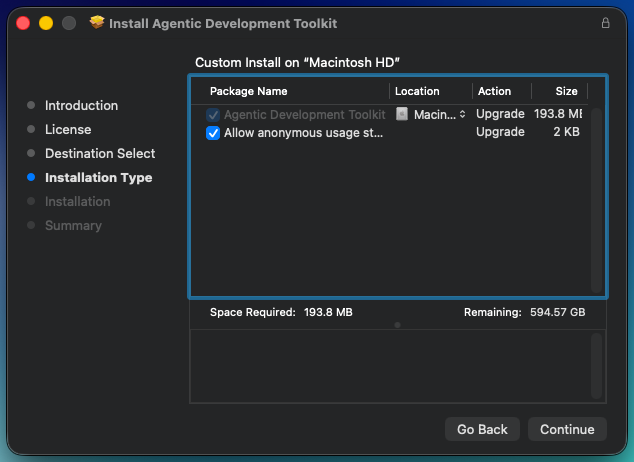 The ADT .pkg installer screen showing the checked 'Allow anonymous usage statistics' option.
