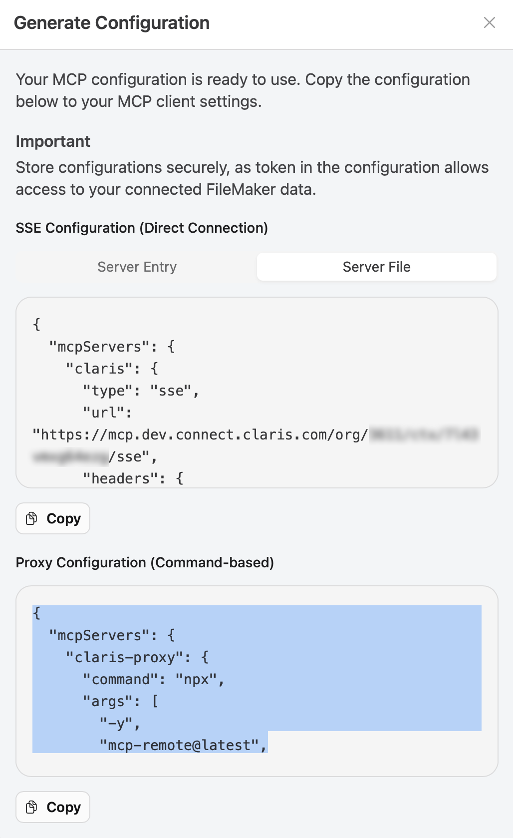MCP Configuration, Generate Configuration, Claude Desktop, Server File Proxy Configuration