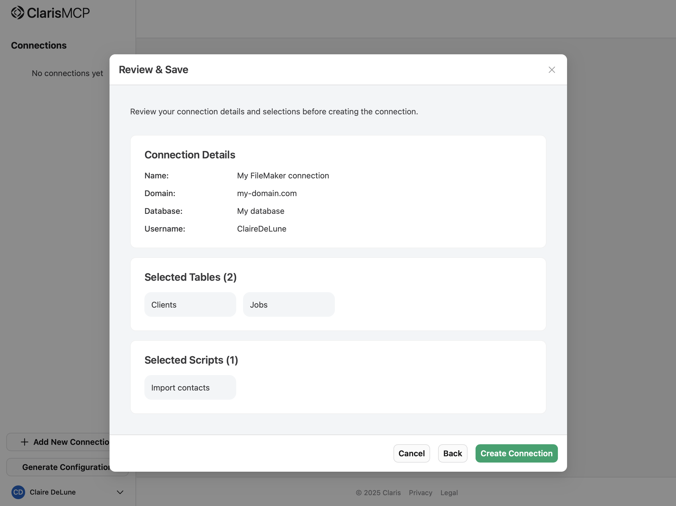 Claris MCP, Add Connection, Review and Save