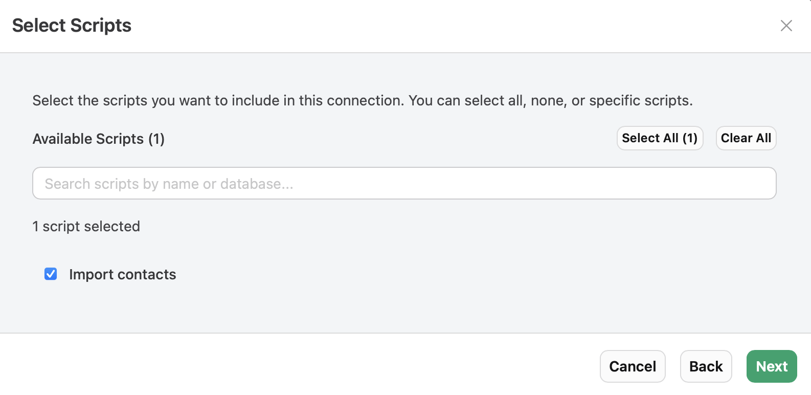 Claris MCP, Add Connection, Select Scripts