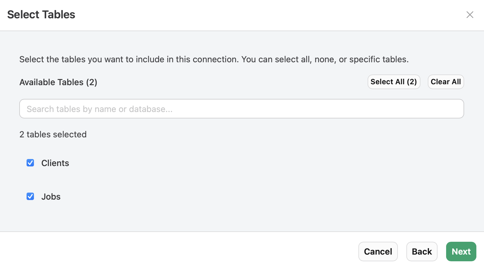 Claris MCP, Add Connection, Select Tables