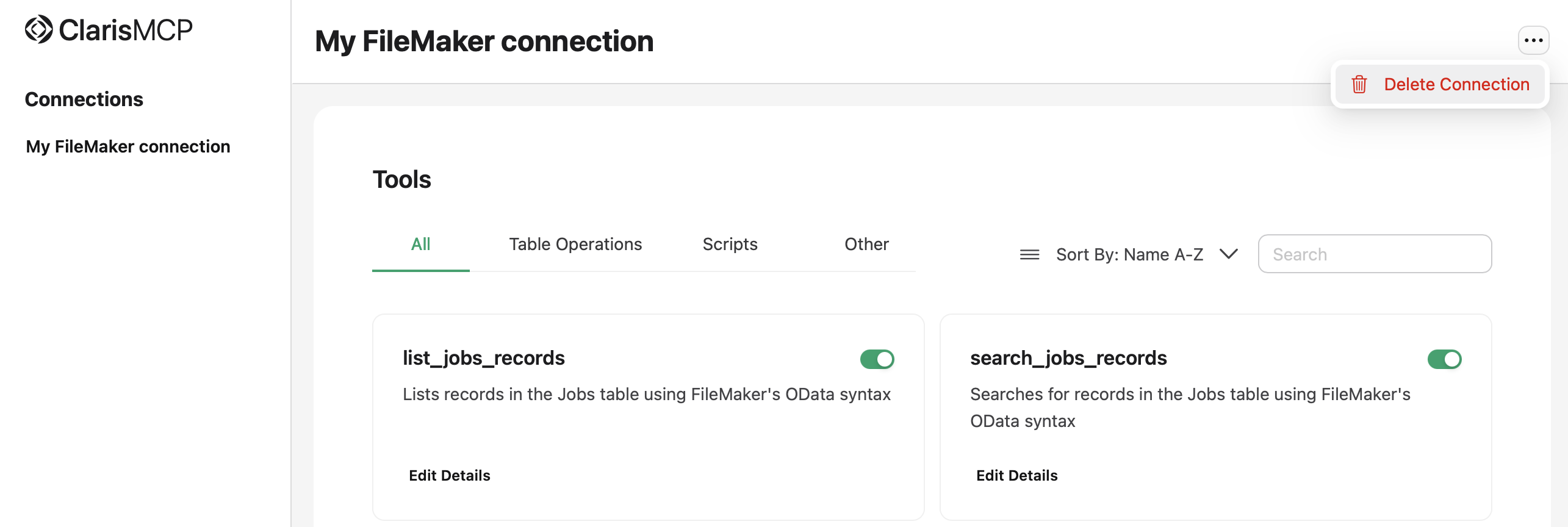 Claris MCP, Delete Connection