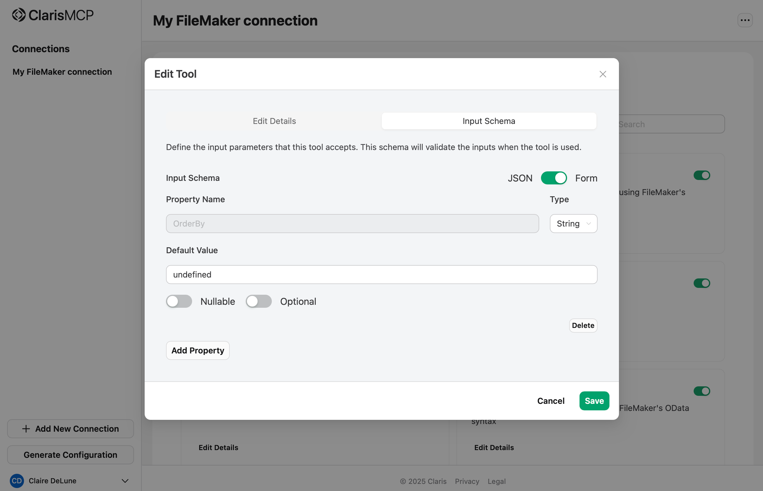 Claris MCP, Edit Tool, Input Schema